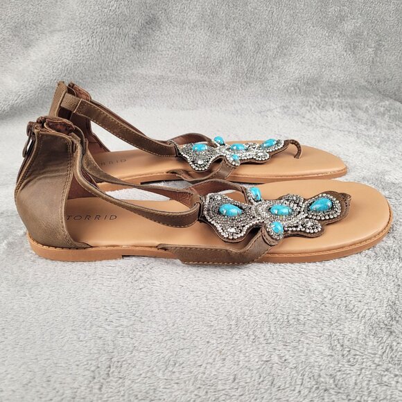 Torrid Turquoise & Rhinestone T-Strap Sandals Womens 12W Boho Festival Southwest - Picture 7 of 14